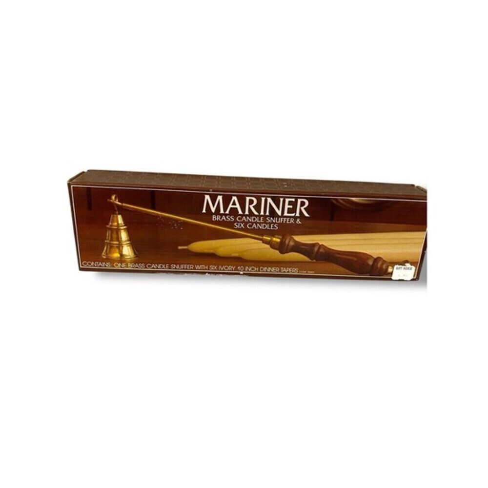Vintage Brass Wood Candle Snuffer Mariner Six Ivory 10 Inch dinner Candles W/Box
